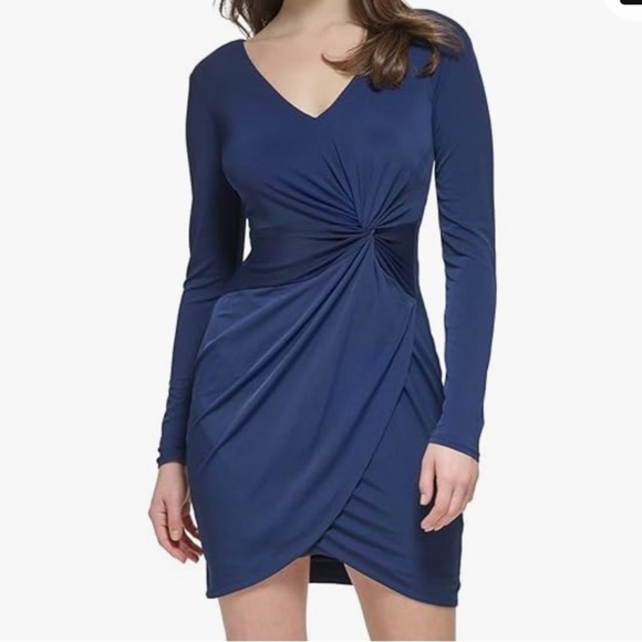 Guess blue dress knot front fitted v neck long sleeve NEW - Picture 1 of 5